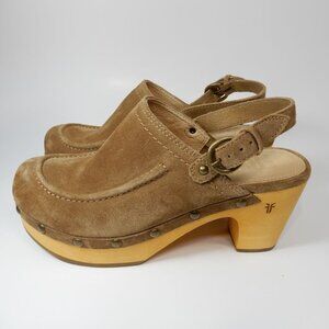 FRYE Jessica Slingback Platform Clog Size 7.5 Tan Brown Suede Studs NEW $228
